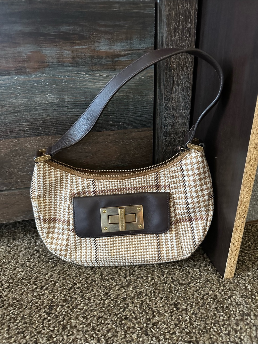 Vintage Lauren Ralph Lauren Brown & Cream Houndstooth Shoulder Bag with Gold Har